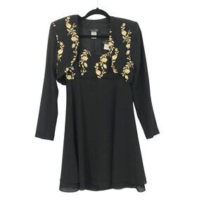 Vintage Night Way Size 4 Black Dress With Gold Floral Embroidered Bolero Jacket